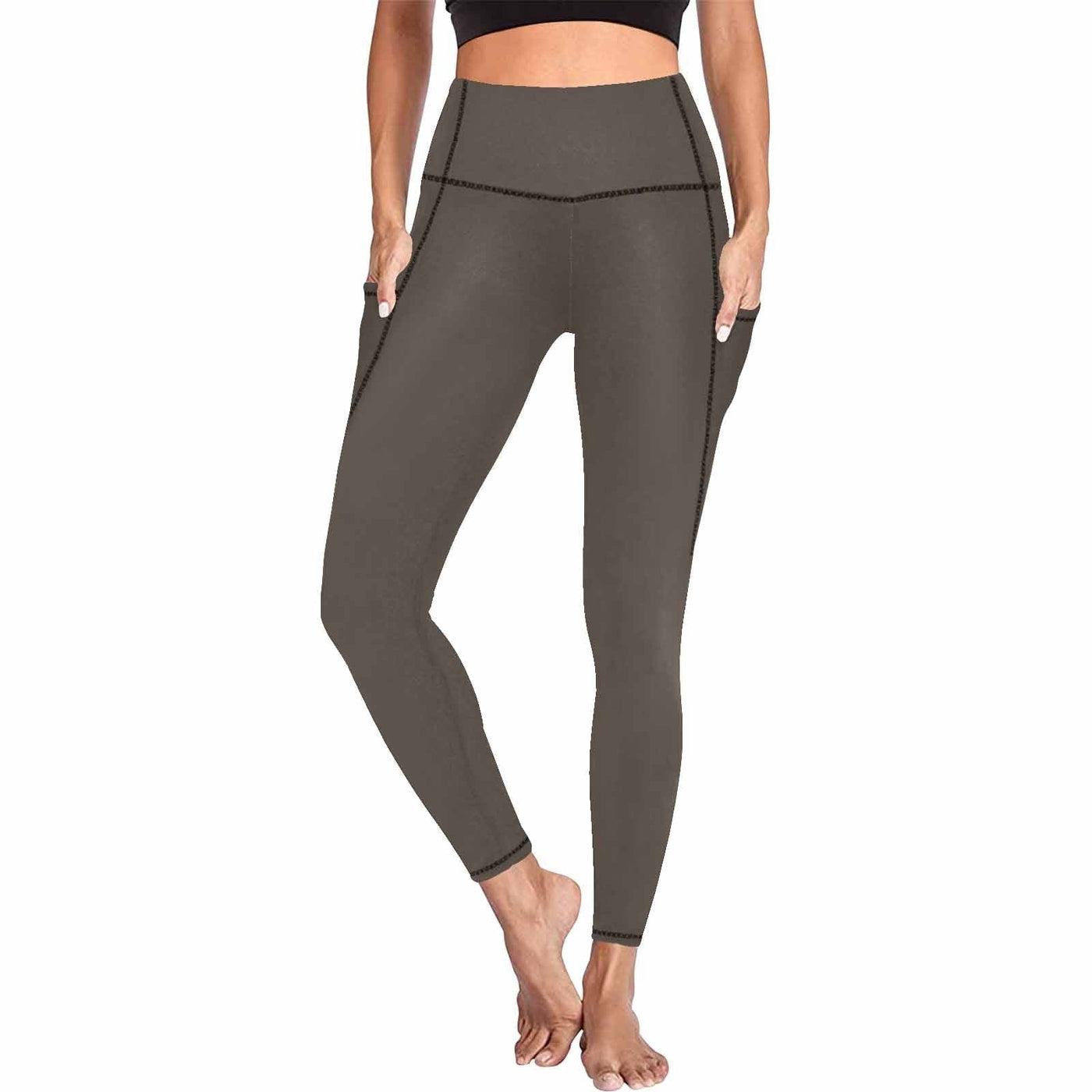Womens Leggings With Pockets - Fitness Pants / Dark Taupe Brown - Womens