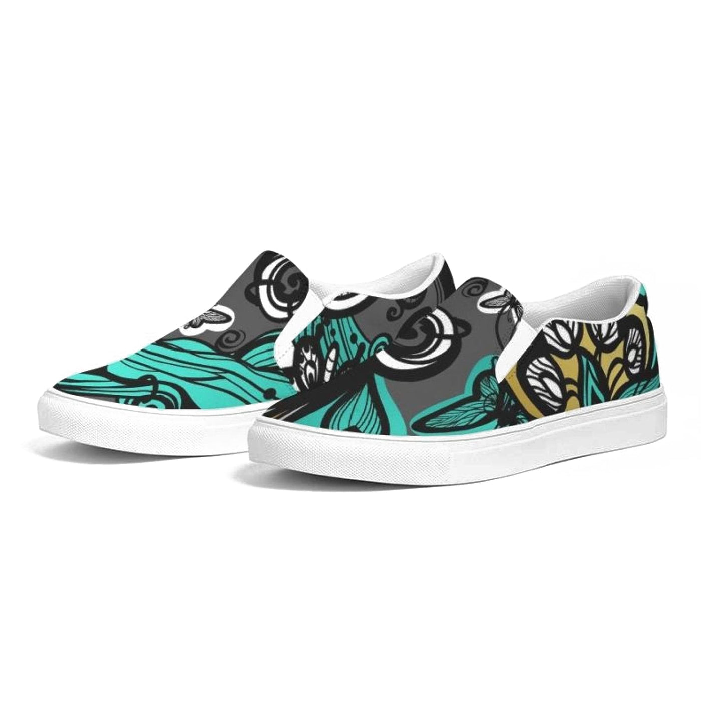 Womens Sneakers - Canvas Slip On Shoes Green Butterfly Print