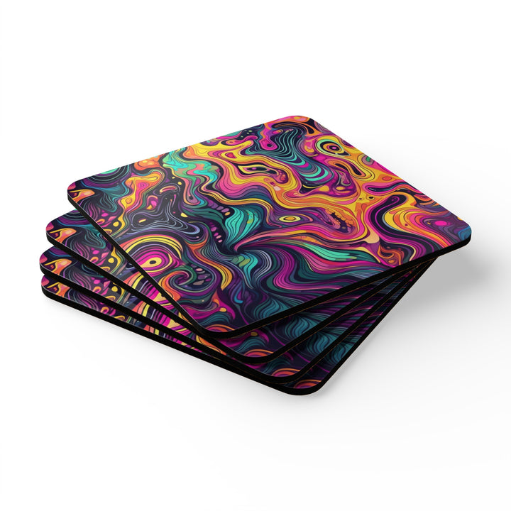 Handcrafted Square Coaster Set of 4 Vibrant Psychedelic Kaleidoscope Boho Print
