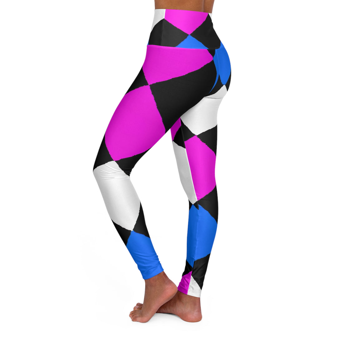 Womens High-waist Fitness Legging Yoga Pants Pink Blue Checkered Pattern