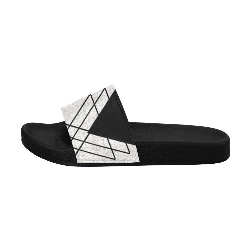 Mens Slide Sandals - Black and White Ash Grey Triangular Colorblock