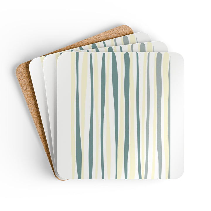 Handcrafted Square Coaster Set of 4 Green Yellow Geometric Lines