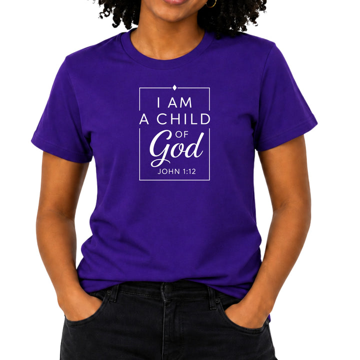Purple t-shirt with "I am a child of God" and John 1:12.