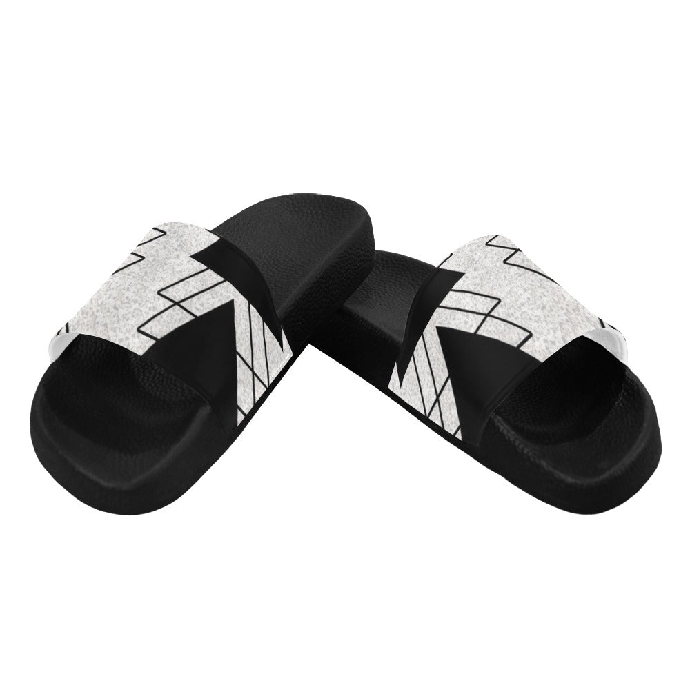 Mens Slide Sandals - Black and White Ash Grey Triangular Colorblock