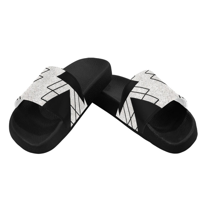 Mens Slide Sandals - Black and White Ash Grey Triangular Colorblock