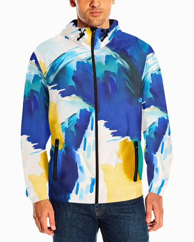 Mens Windbreaker Jacket - Blue and White Abstract Brush Strokes
