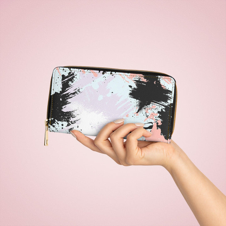 Abstract Pink Black White Paint Splatter Pattern Womens Zipper Wallet Clutch