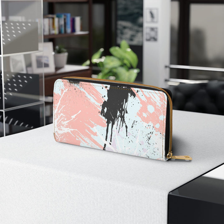 Abstract Pink Black White Paint Splatter Pattern Womens Zipper Wallet Clutch