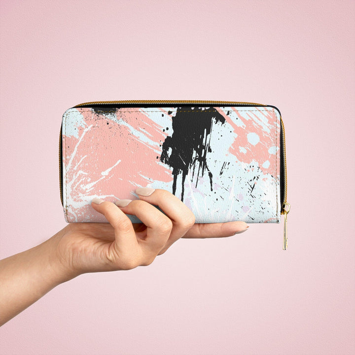 Abstract Pink Black White Paint Splatter Pattern Womens Zipper Wallet Clutch