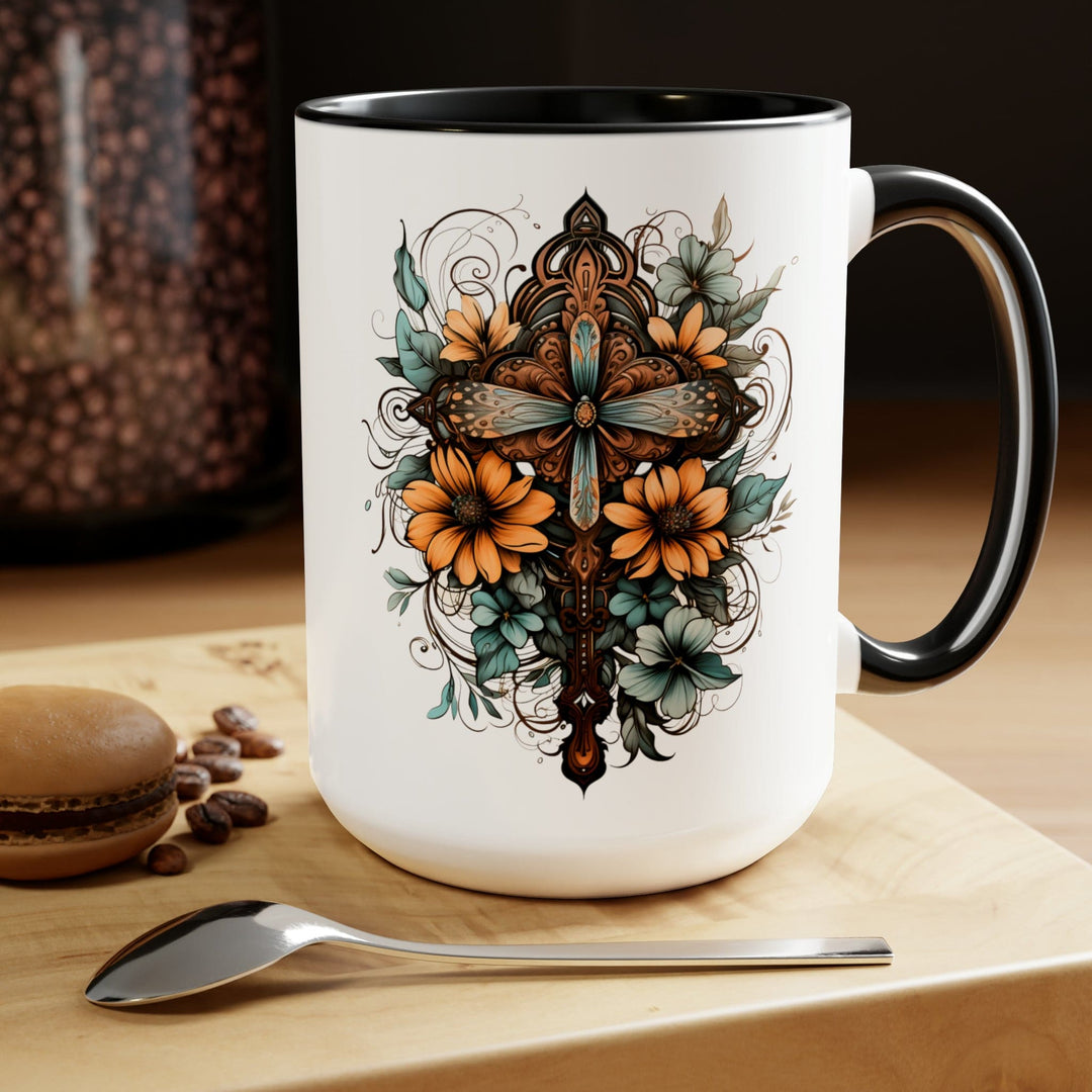 Accent Ceramic Coffee Mug 15oz - Blue Brown Yellow Christian Cross Floral