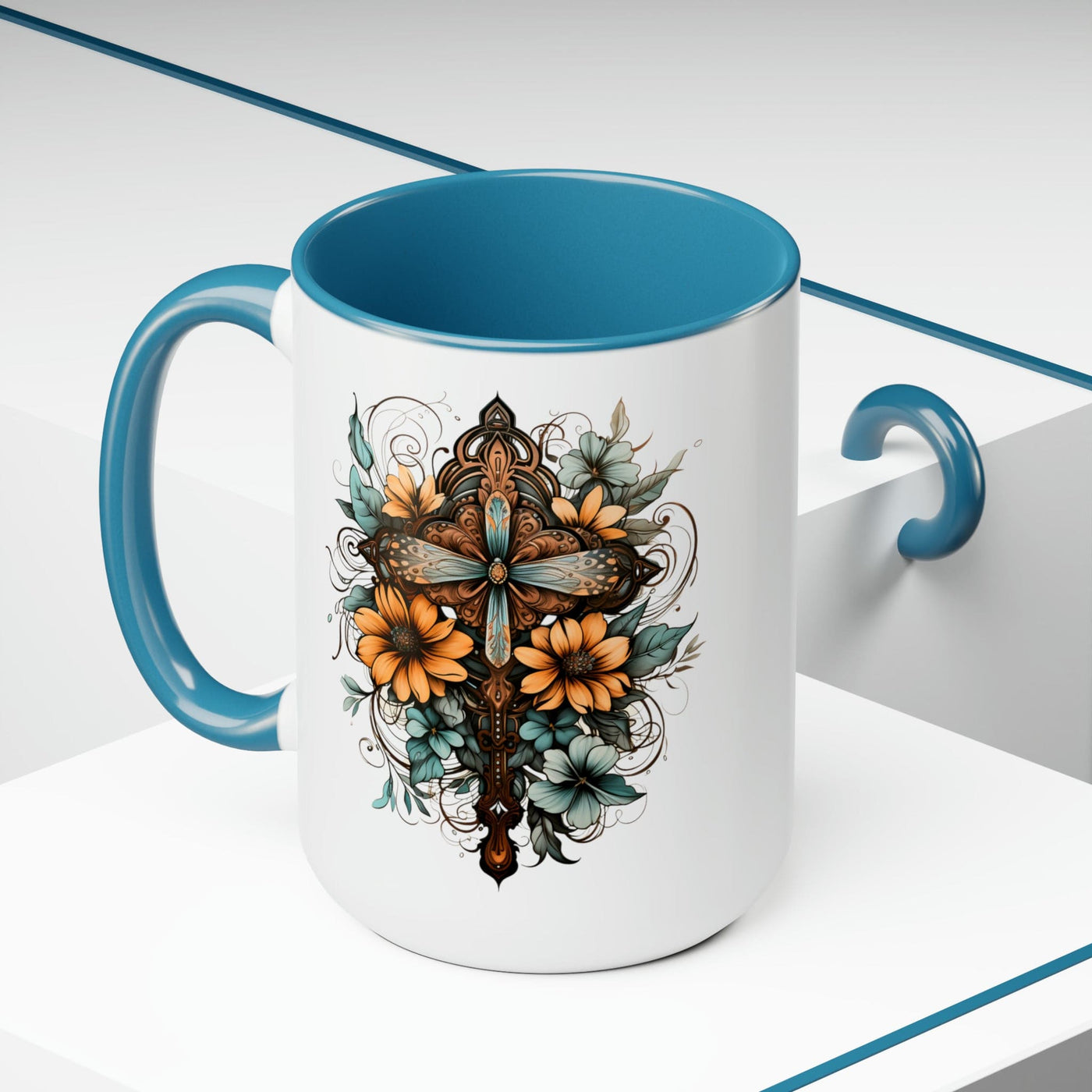 Accent Ceramic Coffee Mug 15oz - Blue Brown Yellow Christian Cross Floral