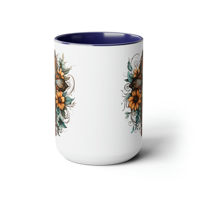 Accent Ceramic Coffee Mug 15oz - Blue Brown Yellow Christian Cross Floral