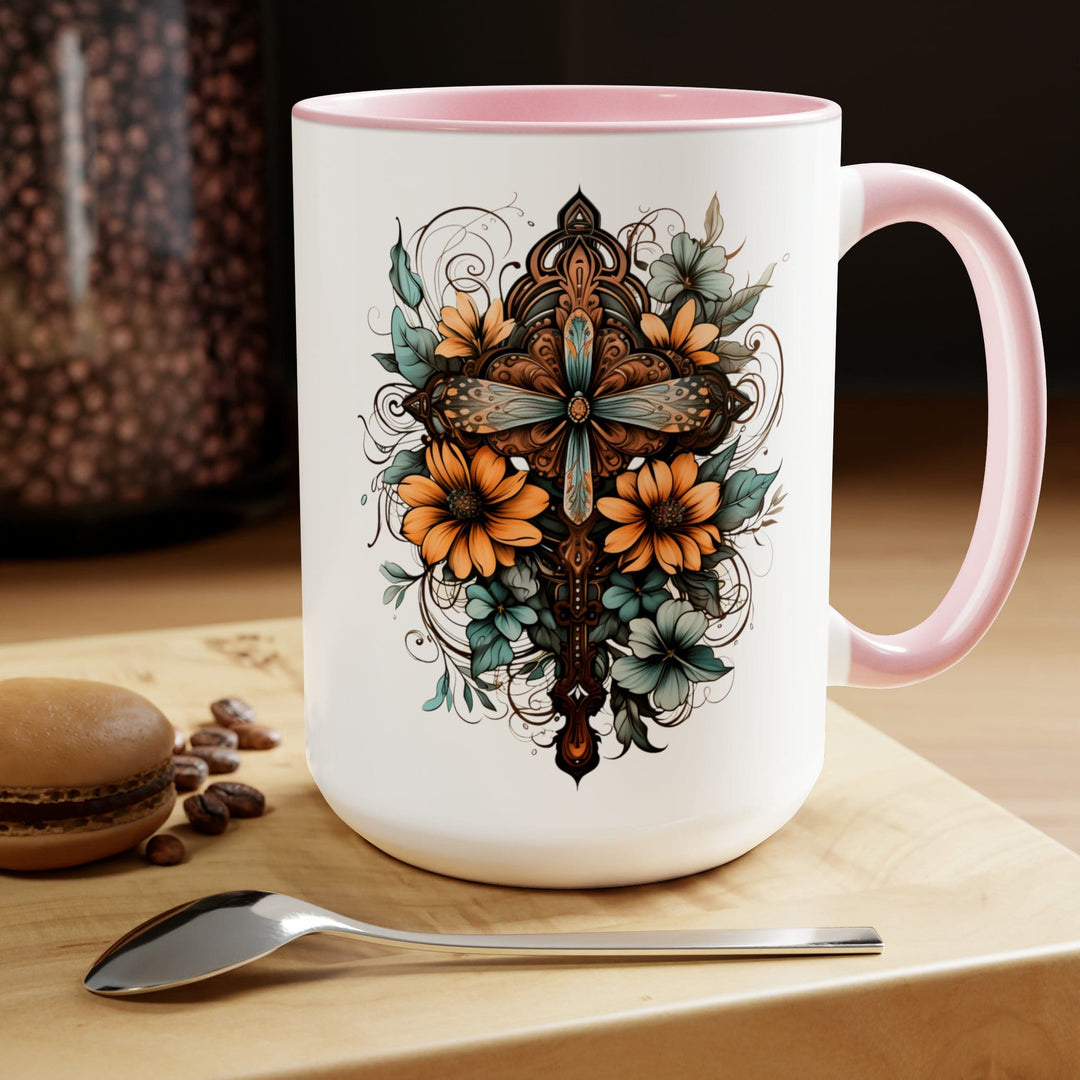 Accent Ceramic Coffee Mug 15oz - Blue Brown Yellow Christian Cross Floral