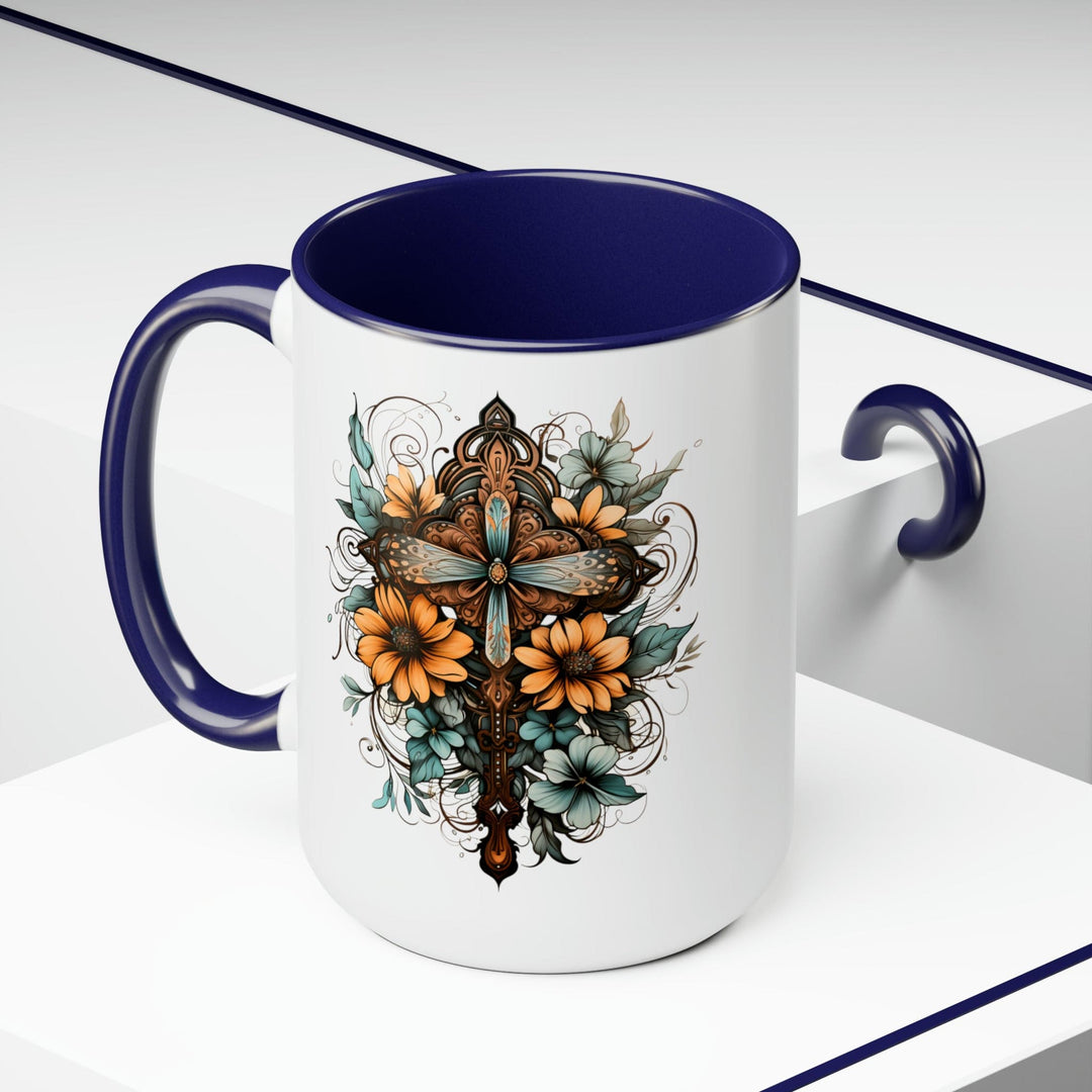 Accent Ceramic Coffee Mug 15oz - Blue Brown Yellow Christian Cross Floral