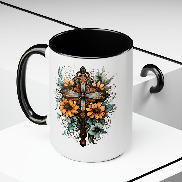 Accent Ceramic Coffee Mug 15oz - Blue Brown Yellow Christian Cross Floral