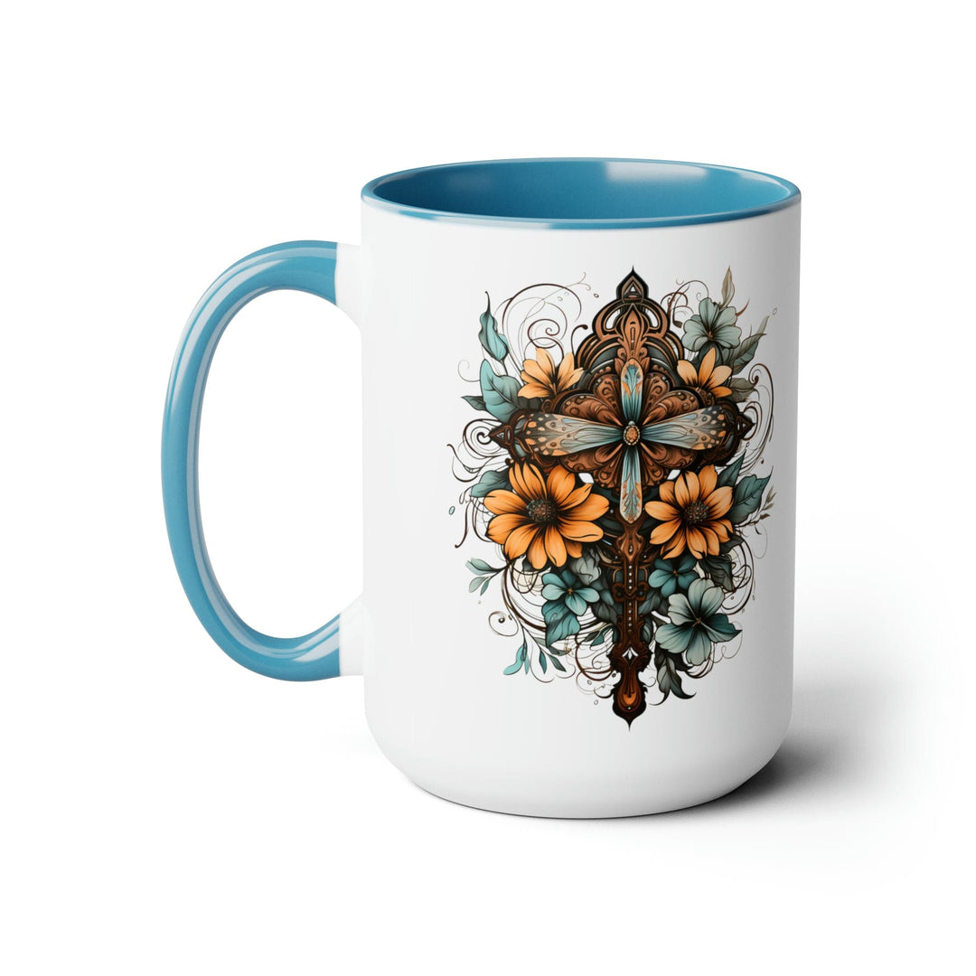 Accent Ceramic Coffee Mug 15oz - Blue Brown Yellow Christian Cross Floral