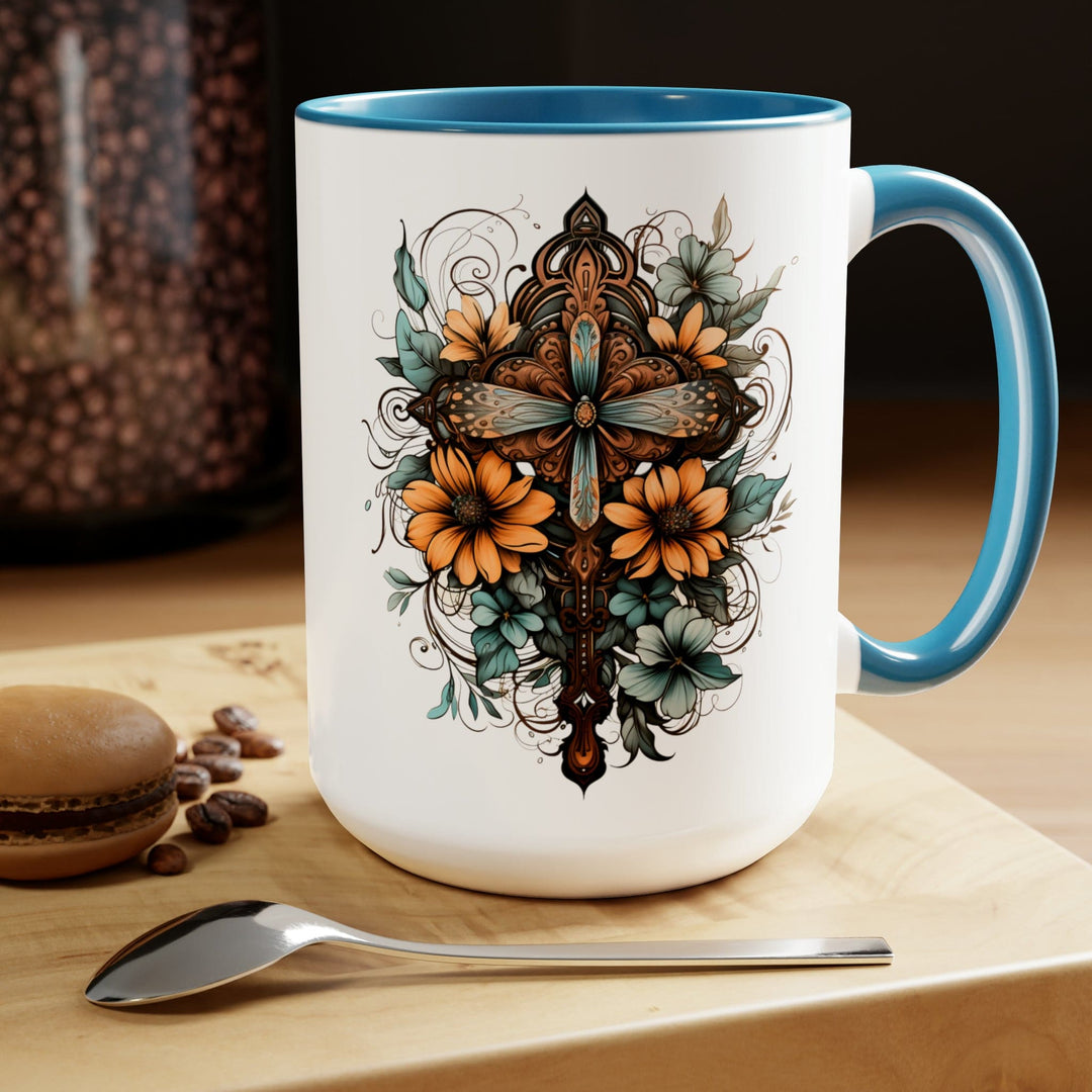 Accent Ceramic Coffee Mug 15oz - Blue Brown Yellow Christian Cross Floral