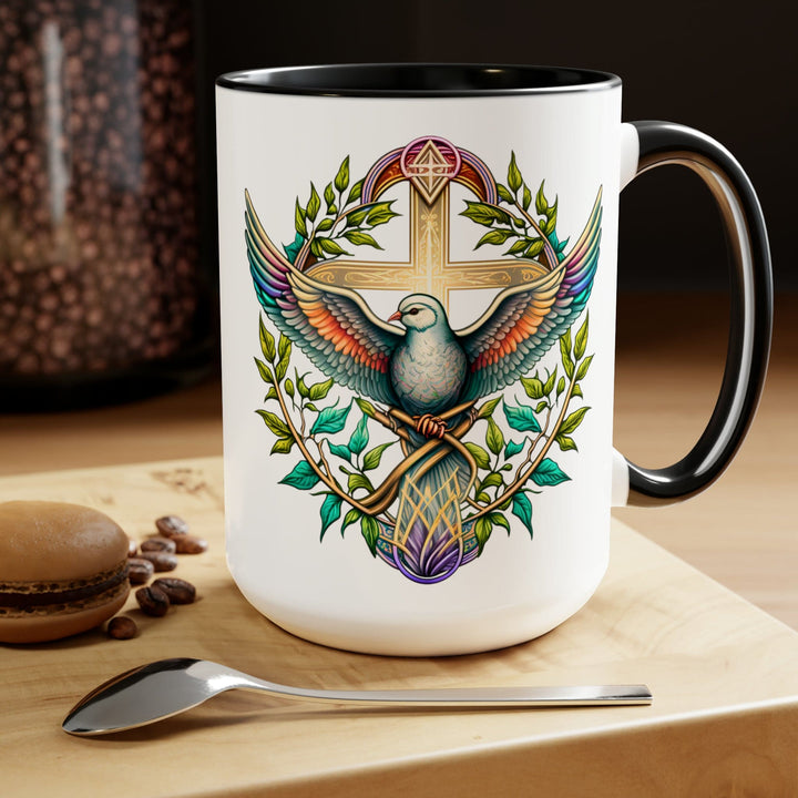 Accent Ceramic Coffee Mug 15oz - Blue Green Multicolor Dove Floral Illustration