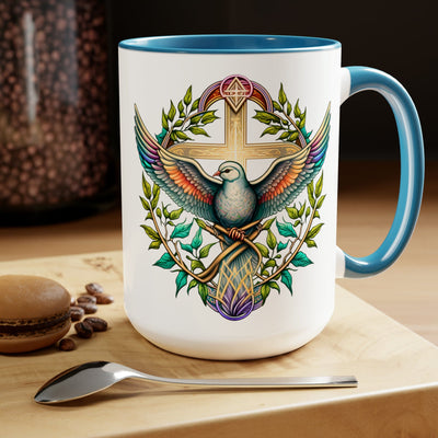 Accent Ceramic Coffee Mug 15oz - Blue Green Multicolor Dove Floral Illustration