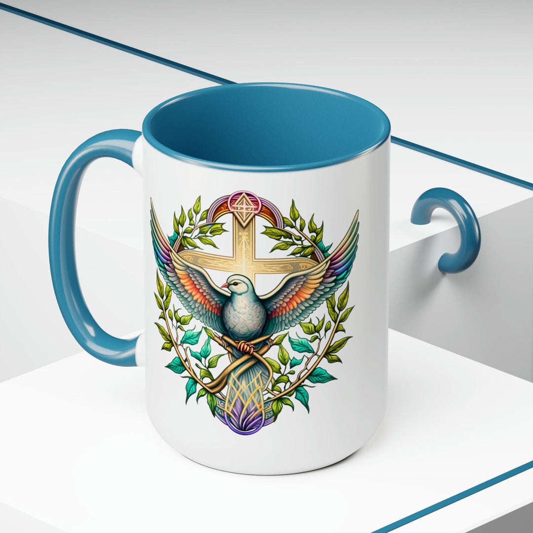 Accent Ceramic Coffee Mug 15oz - Blue Green Multicolor Dove Floral Illustration