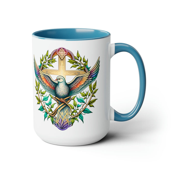 Accent Ceramic Coffee Mug 15oz - Blue Green Multicolor Dove Floral Illustration