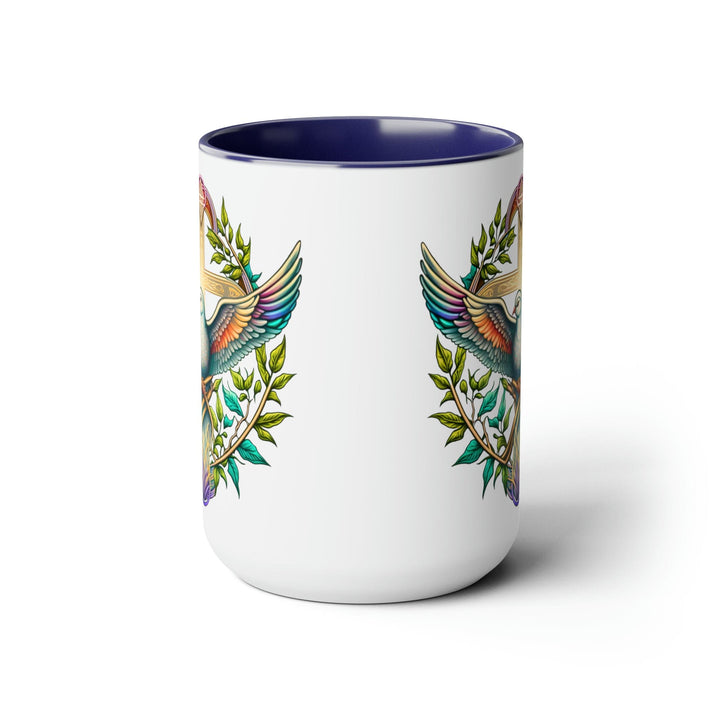 Accent Ceramic Coffee Mug 15oz - Blue Green Multicolor Dove Floral Illustration