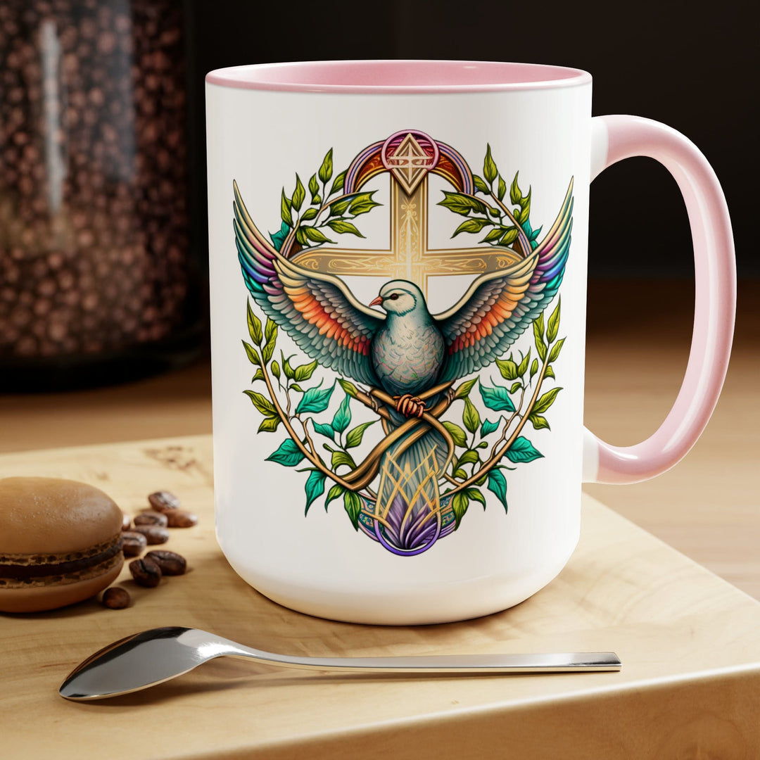 Accent Ceramic Coffee Mug 15oz - Blue Green Multicolor Dove Floral Illustration