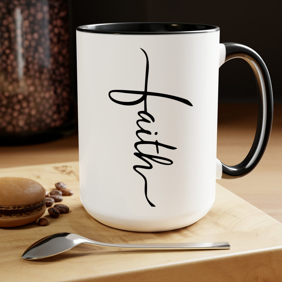 Accent Ceramic Coffee Mug 15oz - Faith Script Cross Black Illustration