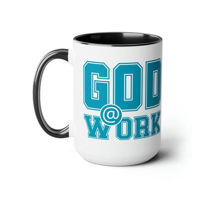 Accent Ceramic Coffee Mug 15oz - God @ Work Blue Green And White Print -