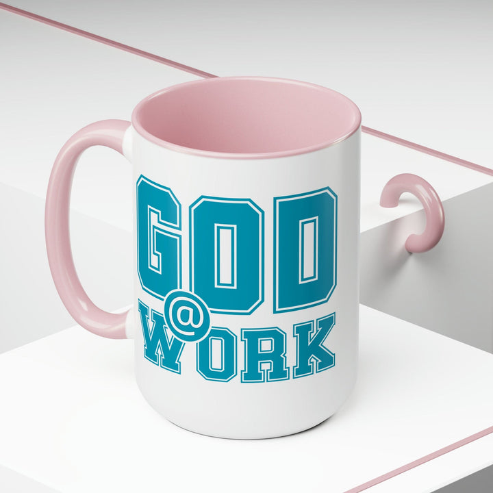 Accent Ceramic Coffee Mug 15oz - God @ Work Blue Green and White Print