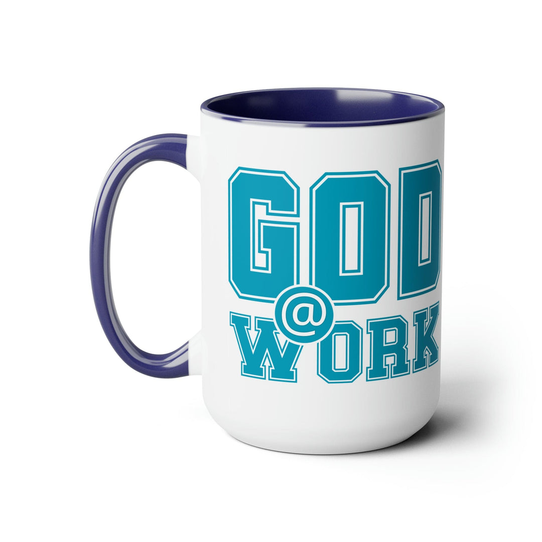 Accent Ceramic Coffee Mug 15oz - God @ Work Blue Green and White Print