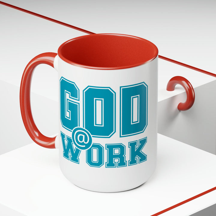 Accent Ceramic Coffee Mug 15oz - God @ Work Blue Green and White Print