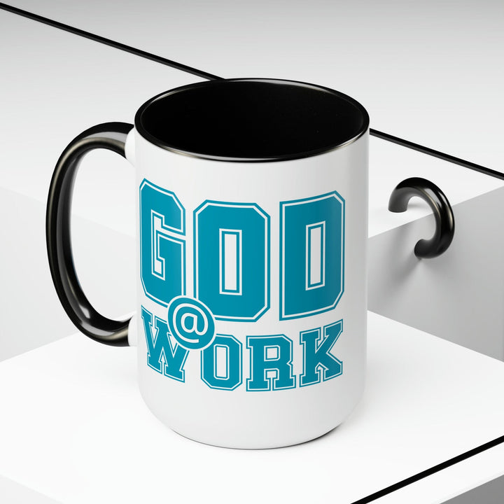 Accent Ceramic Coffee Mug 15oz - God @ Work Blue Green and White Print