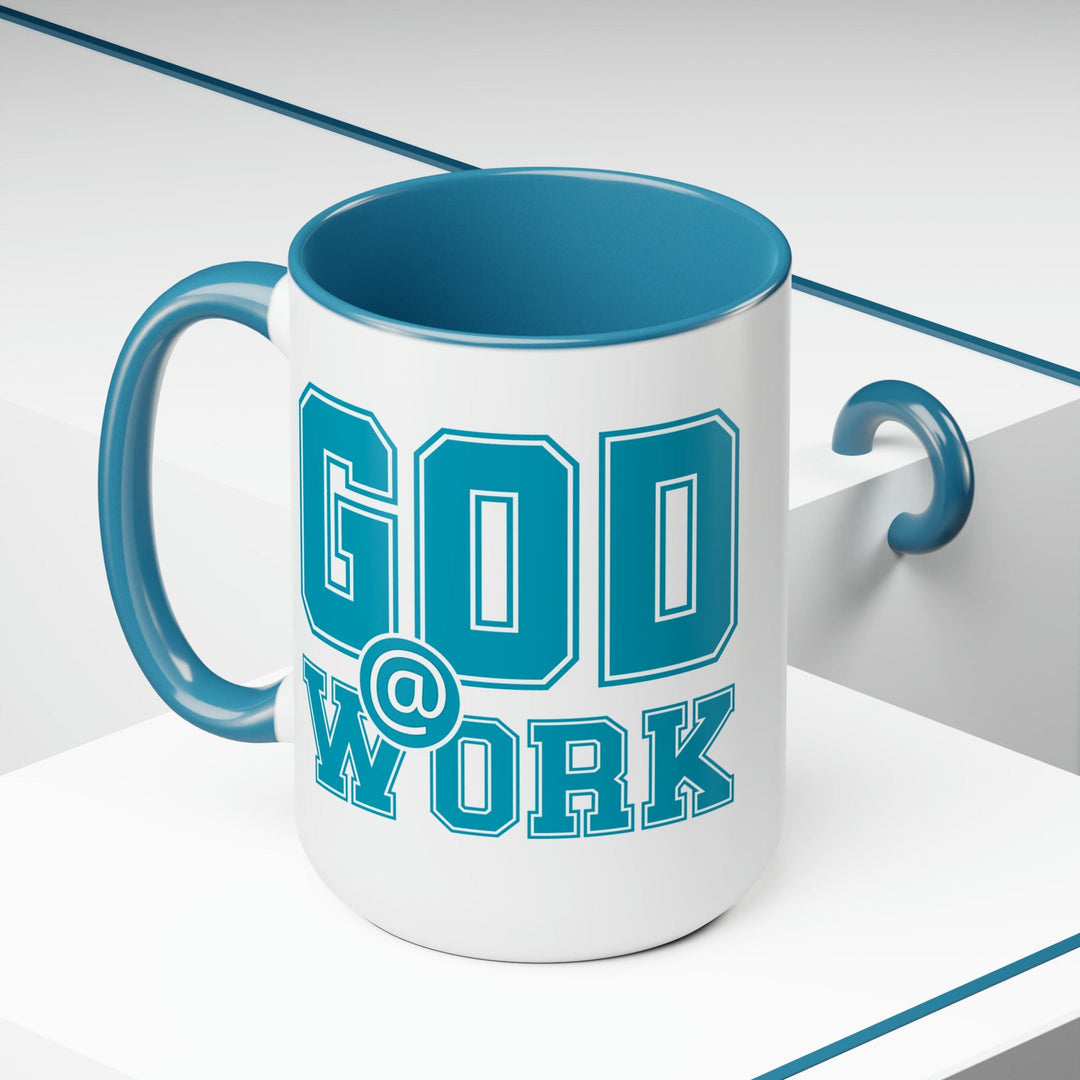 Accent Ceramic Coffee Mug 15oz - God @ Work Blue Green and White Print