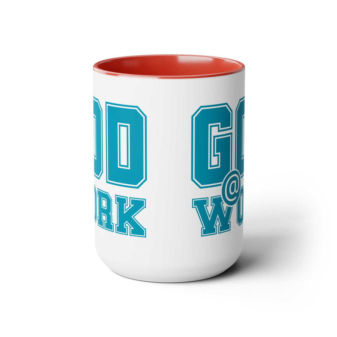 Accent Ceramic Coffee Mug 15oz - God @ Work Blue Green and White Print