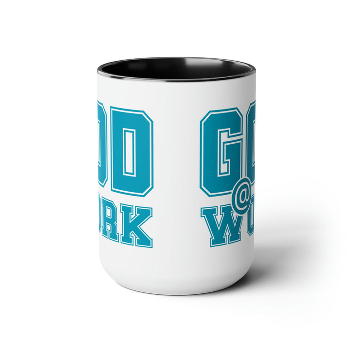 Accent Ceramic Coffee Mug 15oz - God @ Work Blue Green and White Print