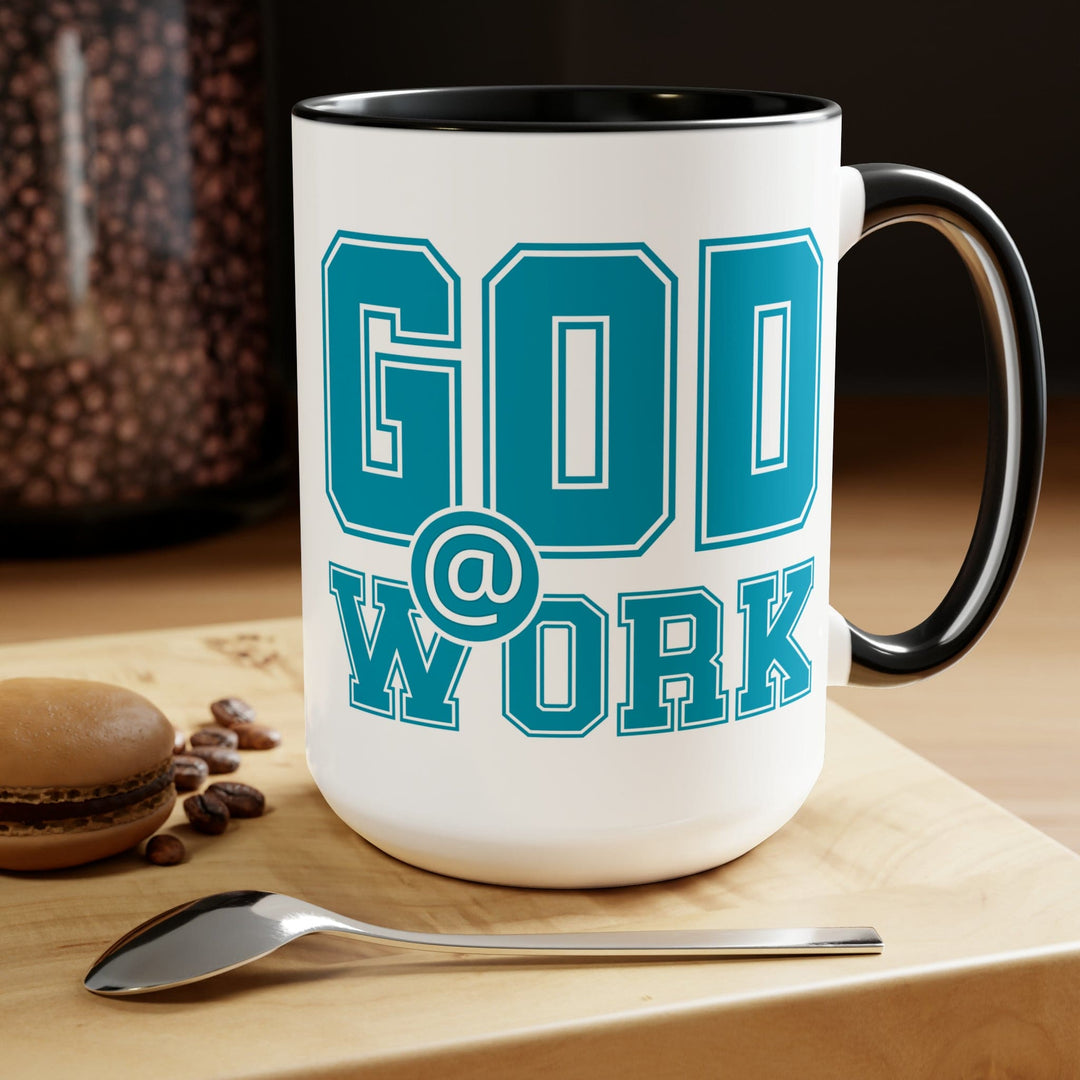 Accent Ceramic Coffee Mug 15oz - God @ Work Blue Green and White Print