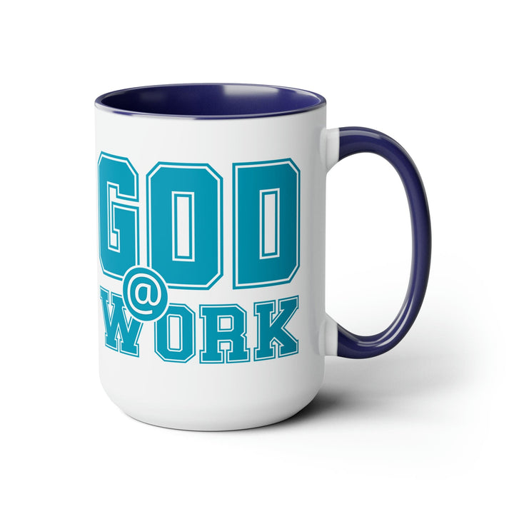 Accent Ceramic Coffee Mug 15oz - God @ Work Blue Green and White Print