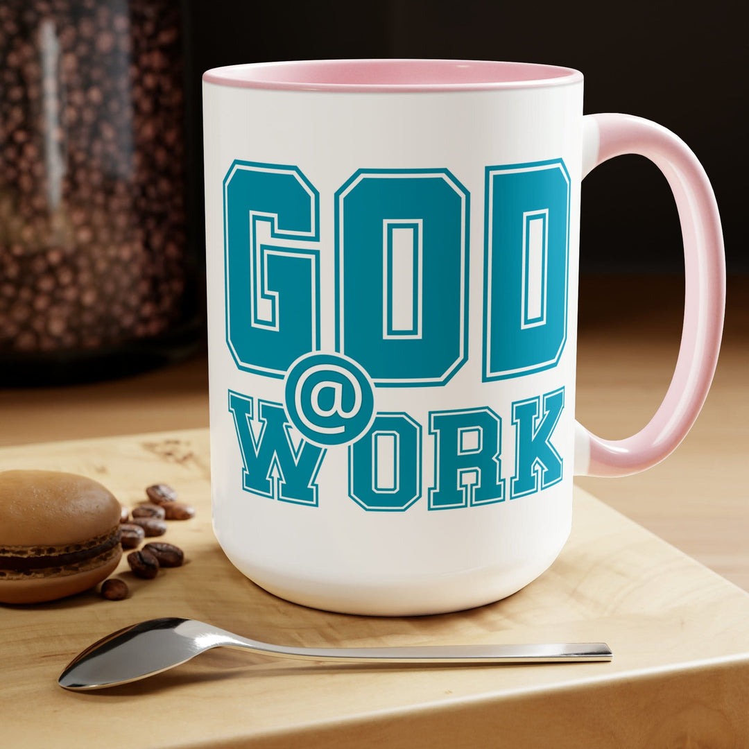 Accent Ceramic Coffee Mug 15oz - God @ Work Blue Green and White Print