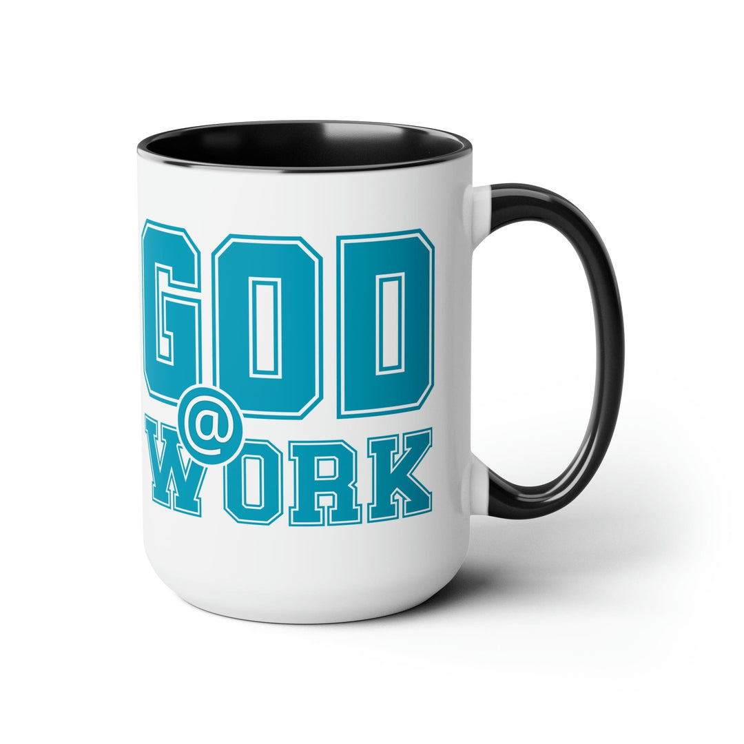 Accent Ceramic Coffee Mug 15oz - God @ Work Blue Green and White Print