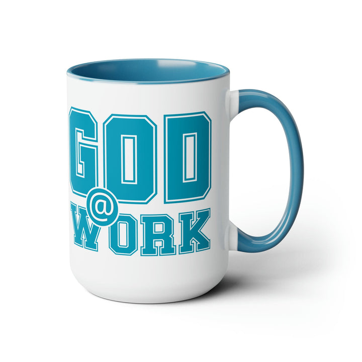 Accent Ceramic Coffee Mug 15oz - God @ Work Blue Green and White Print