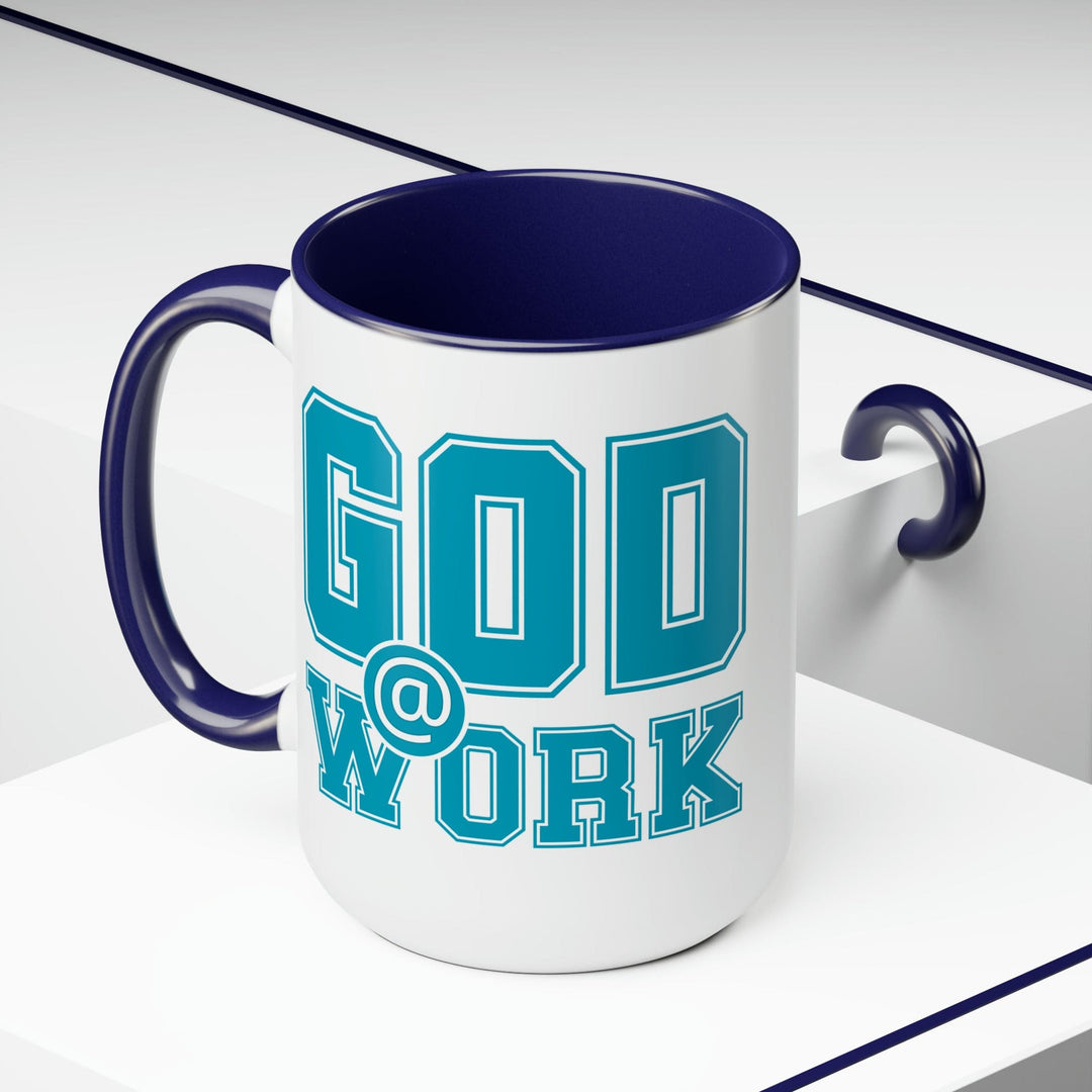 Accent Ceramic Coffee Mug 15oz - God @ Work Blue Green and White Print