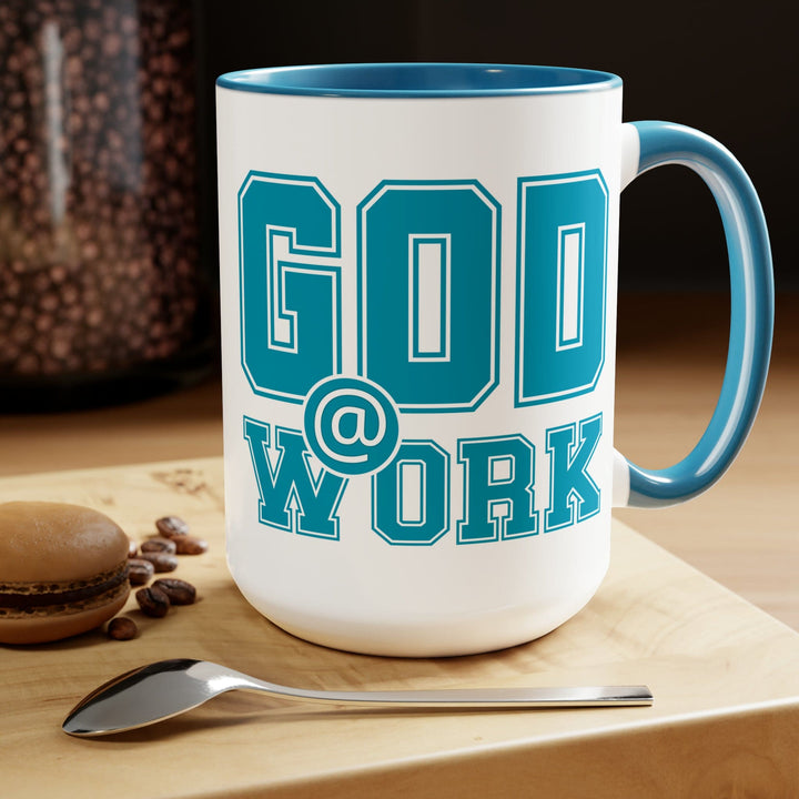 Accent Ceramic Coffee Mug 15oz - God @ Work Blue Green and White Print