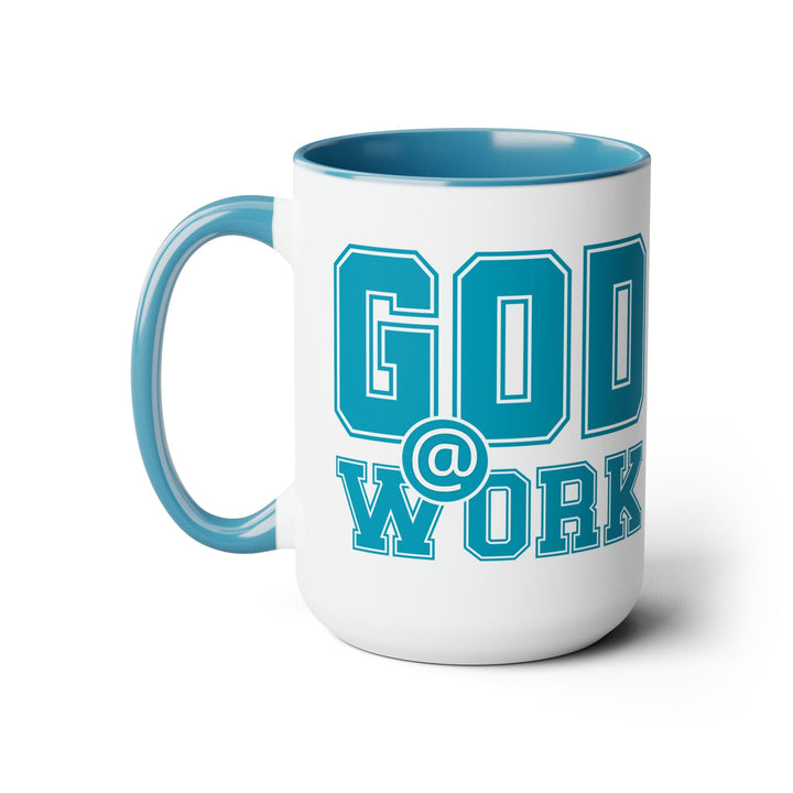 Accent Ceramic Coffee Mug 15oz - God @ Work Blue Green and White Print