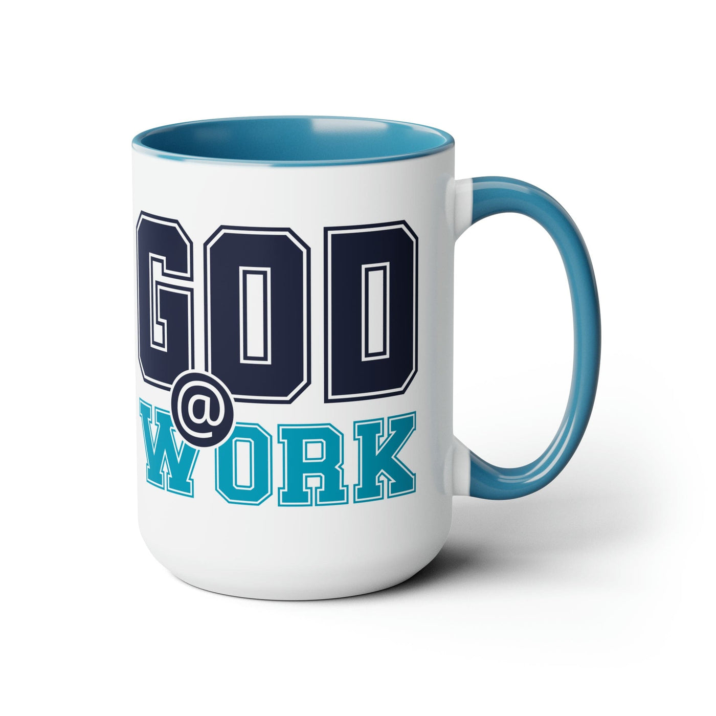 Accent Ceramic Coffee Mug 15oz - God @ Work Navy Blue And Blue Green Print -
