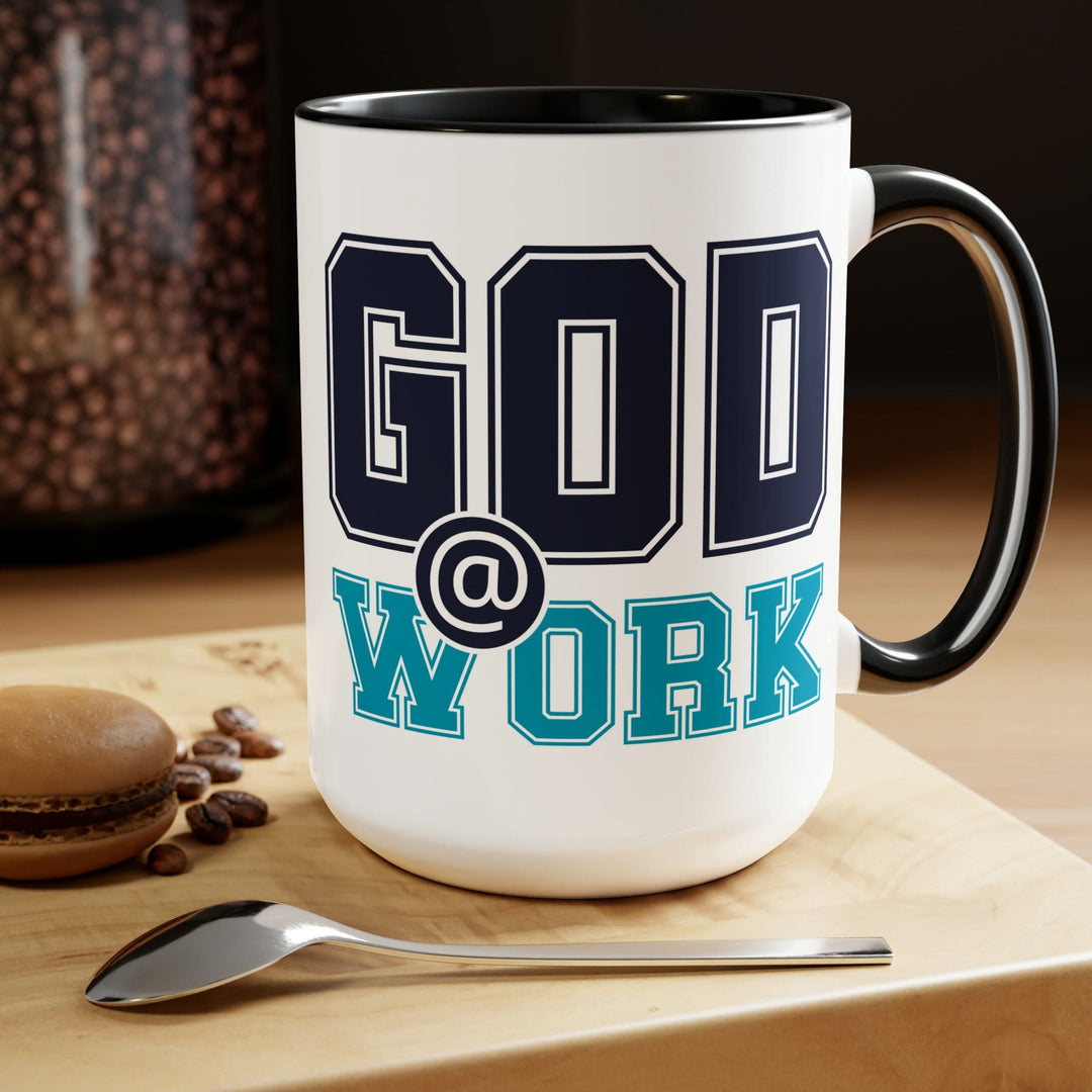 Accent Ceramic Coffee Mug 15oz - God @ Work Navy Blue and Blue Green Print