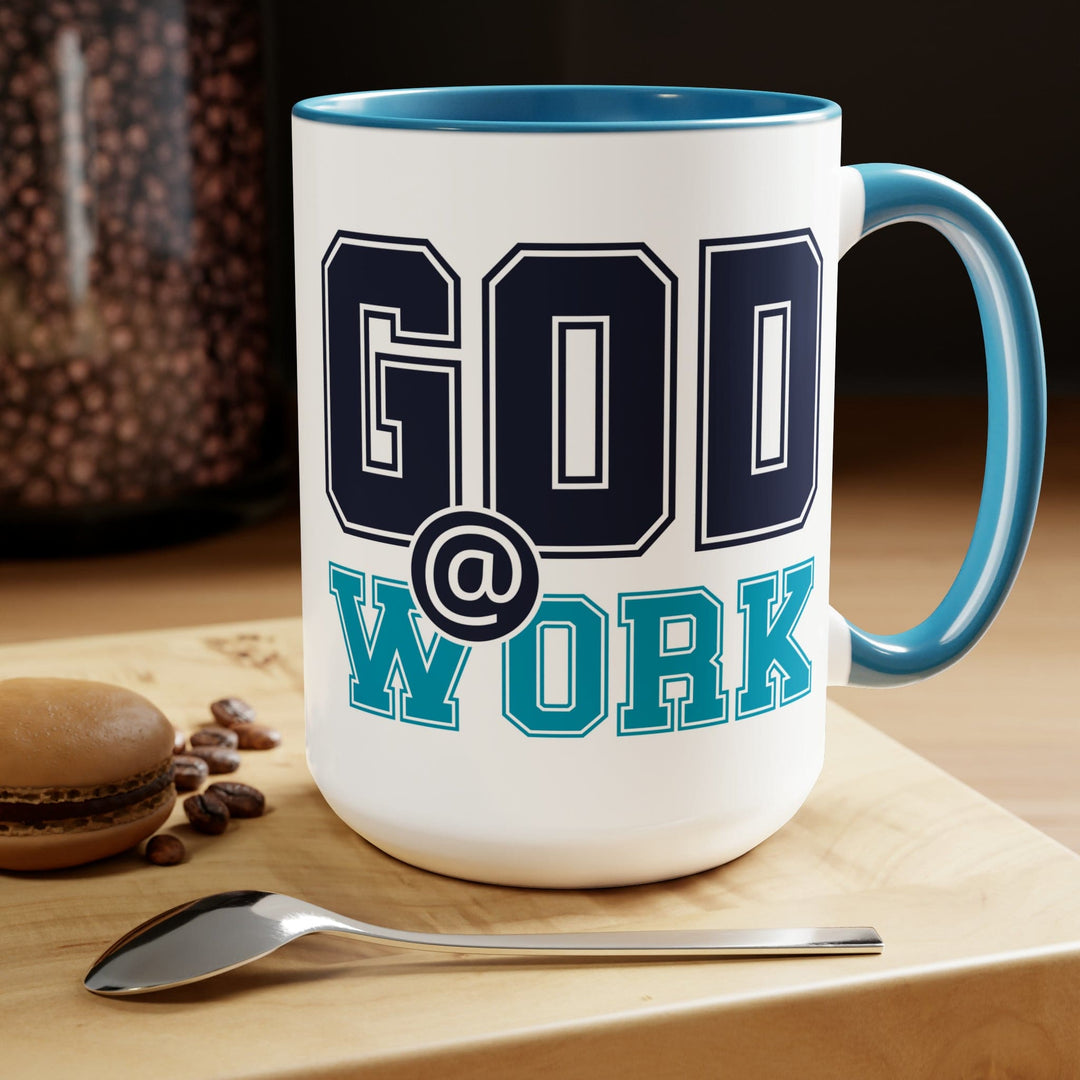 Accent Ceramic Coffee Mug 15oz - God @ Work Navy Blue and Blue Green Print