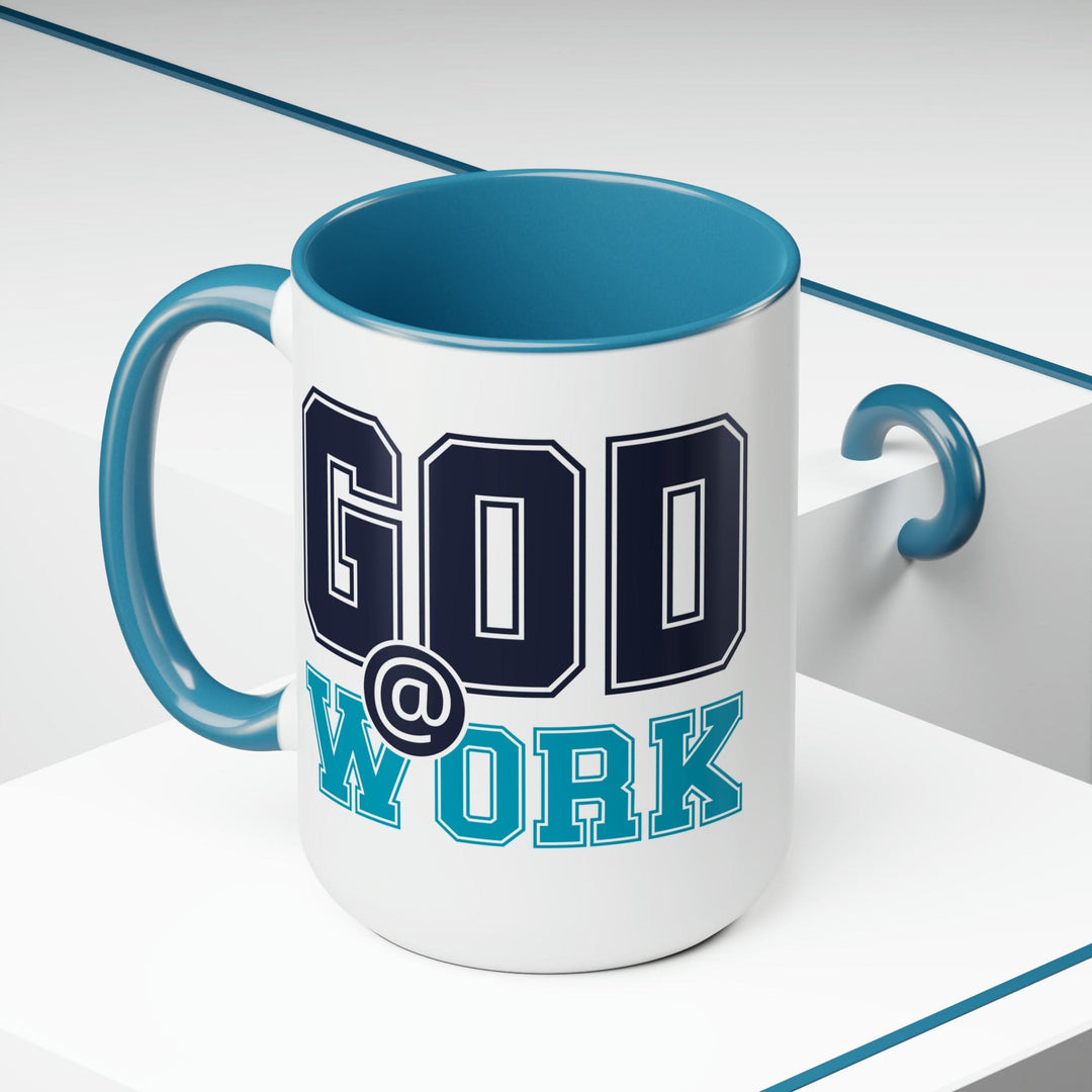 Accent Ceramic Coffee Mug 15oz - God @ Work Navy Blue and Blue Green Print