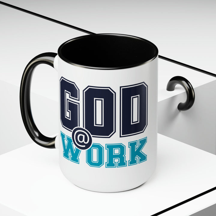 Accent Ceramic Coffee Mug 15oz - God @ Work Navy Blue and Blue Green Print