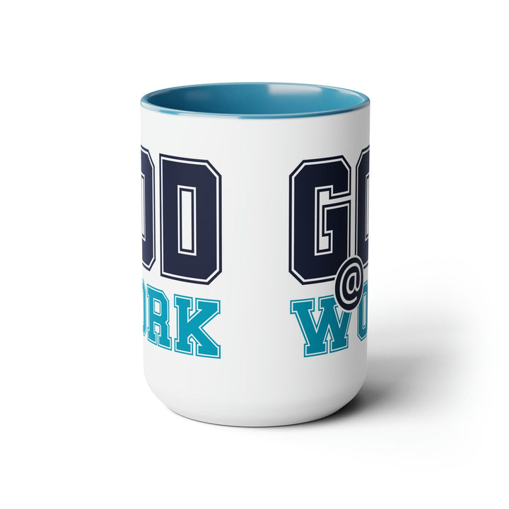 Accent Ceramic Coffee Mug 15oz - God @ Work Navy Blue and Blue Green Print